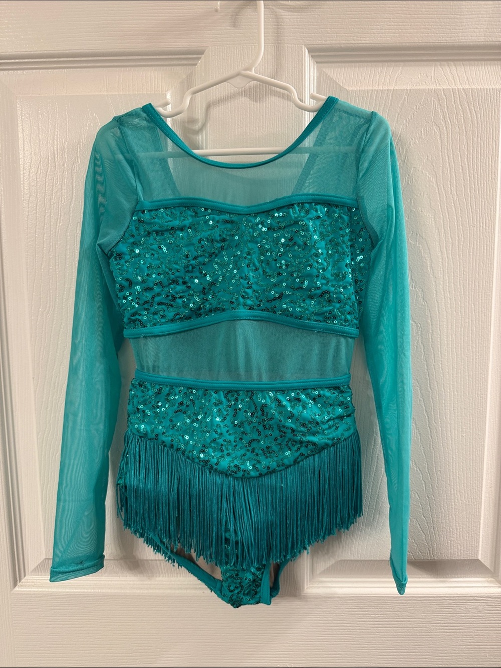 SZ 7/8 Weissman Teal Sequin Fringe Dance Costume